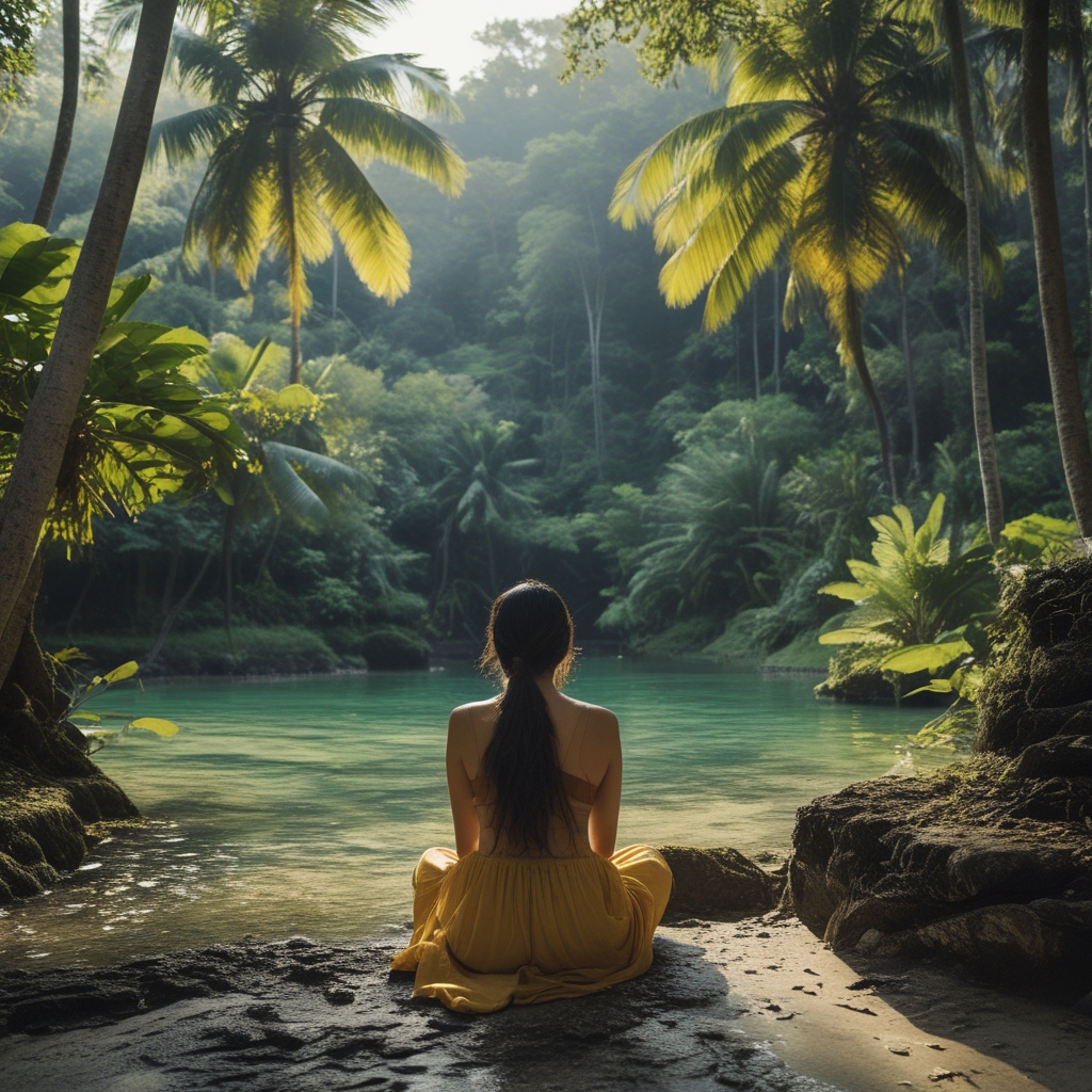Pemandangan alam hutan tropis yang rimbun dengan sinar matahari menembus dedaunan hijau, menciptakan suasana yang tenang dan segar