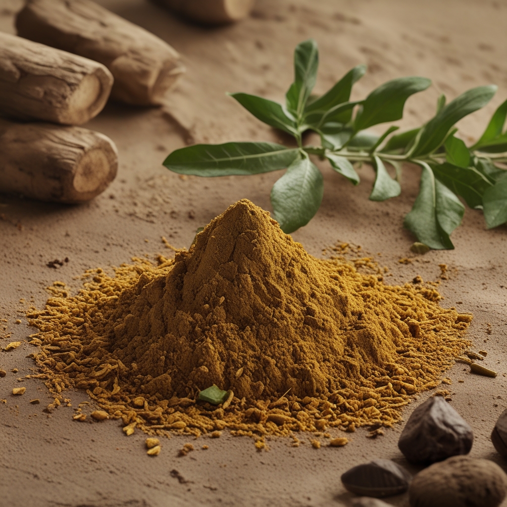 Akar ashwagandha segar berwarna coklat kekuningan yang baru dicabut dari tanah, diletakkan di atas permukaan kayu dengan daun hijau ashwagandha di sekitarnya