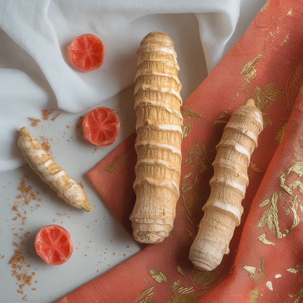 Akar ginseng Korea yang sudah tua, berbentuk seperti manusia, berwarna kuning kecoklatan, diletakkan di atas kain sutra merah dengan latar belakang putih bersih