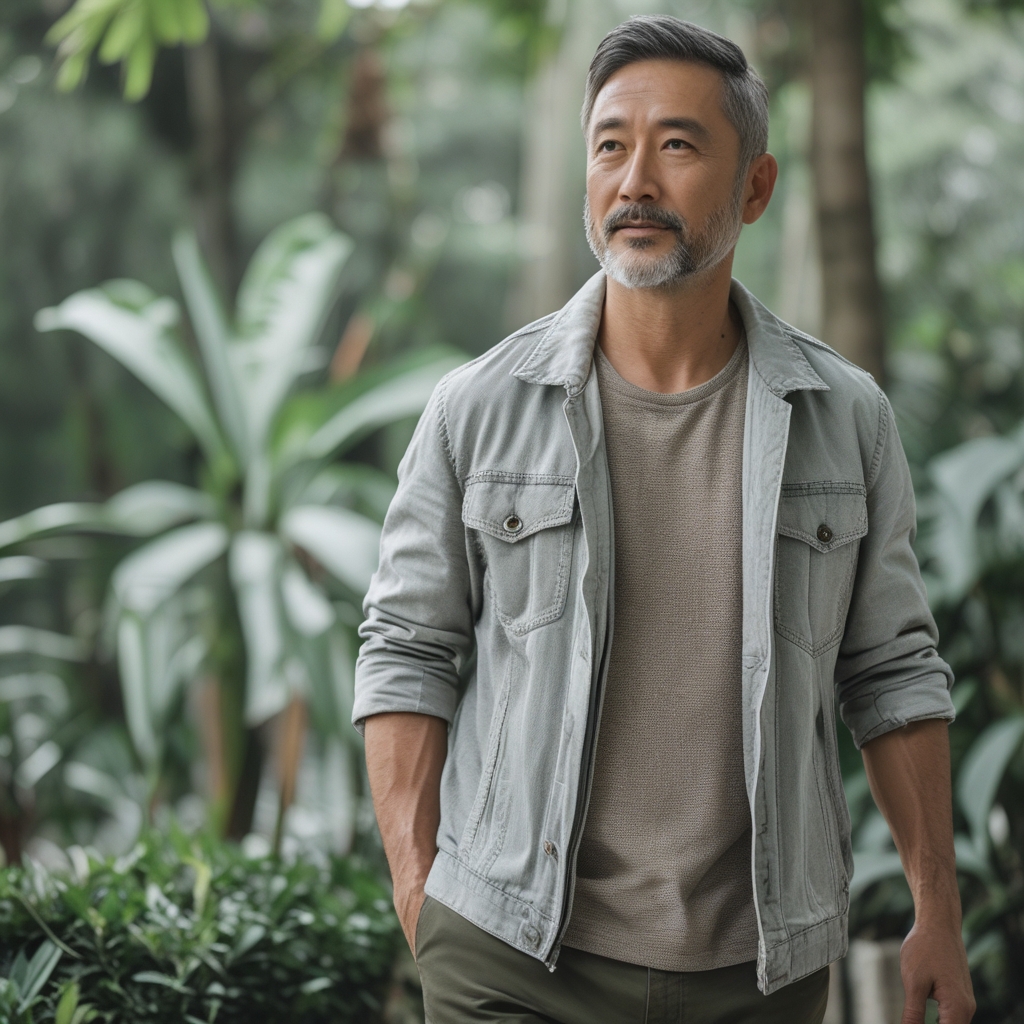 Pria paruh baya berusia sekitar 45 tahun sedang berjalan santai di taman hijau di pagi hari, mengenakan pakaian olahraga kasual, ekspresi tenang dan bersemangat