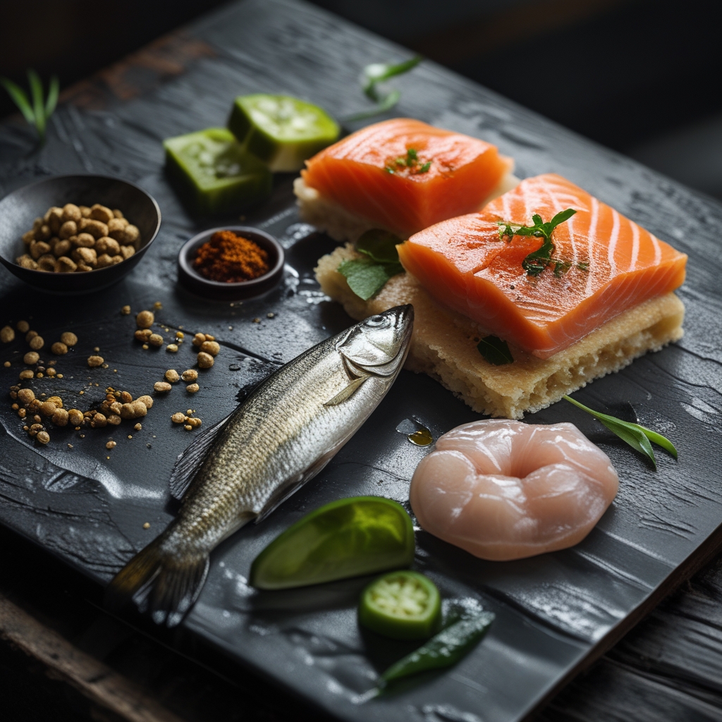 Berbagai makanan bergizi yang ditata rapi di atas meja kayu: kacang-kacangan, biji-bijian, ikan salmon, alpukat, telur rebus, dan sayuran hijau segar, pencahayaan natural dari jendela